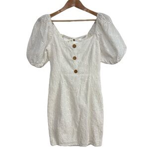 SAINTS & SECRETS White Puff Sleeved Mini Dress Form Fitted Tie Back Size Large